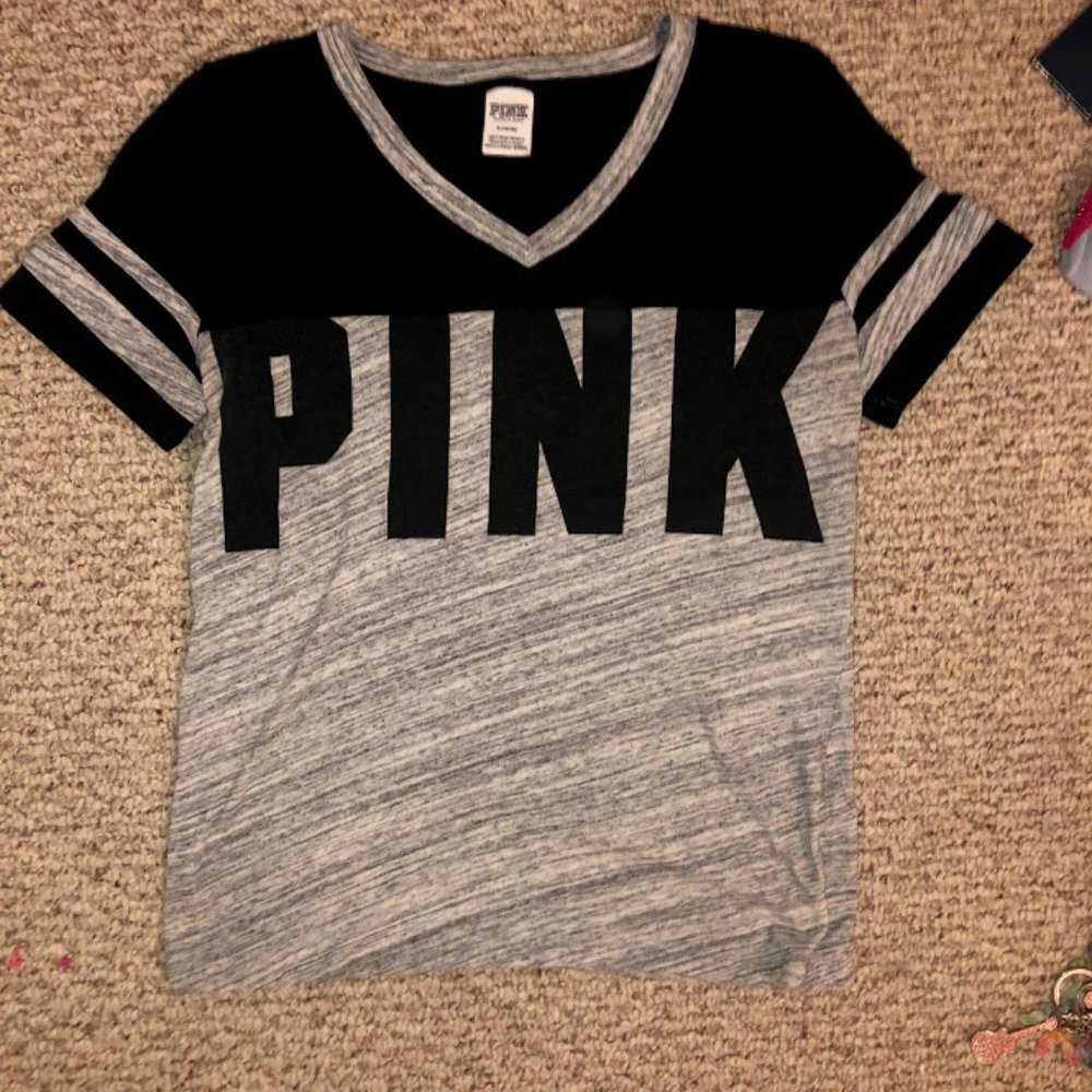 PINK Grey and Black V neck Jersey Style Tee